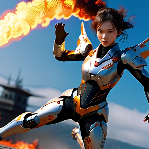 a girl in mecha-suit, flying, intricate, iconic flying-kick stance, kick of fire dragon, full expression, shout out, epicRealism, UHD, 8k, super detailed,