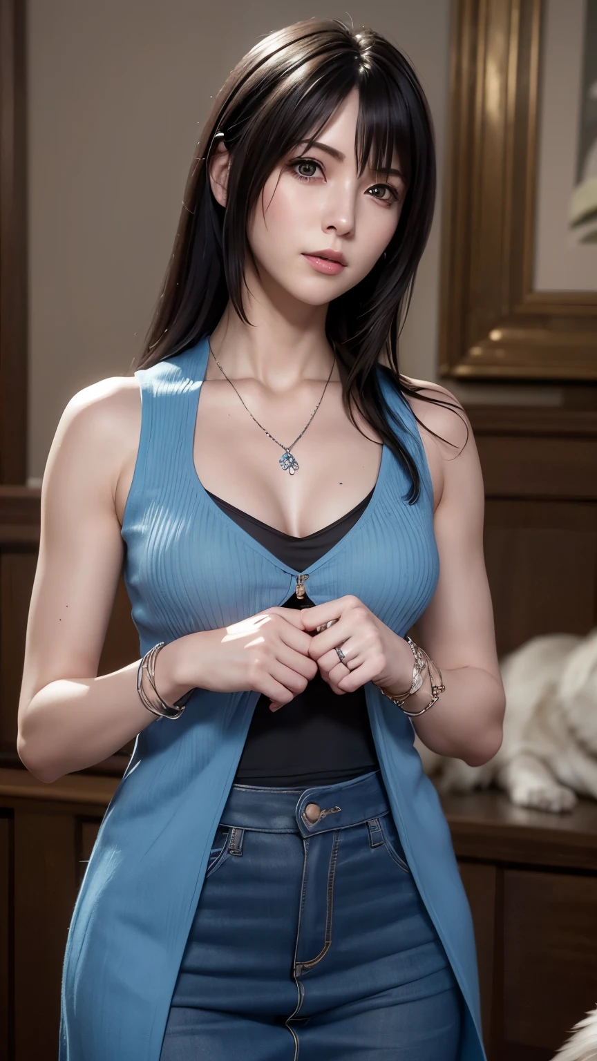 rinoa, blue duster, blue wristbands, holding necklace, portrait body, unparalleled masterpiece, ultra realistic 8k CG, perfect artwork, clean, beautiful face, pure face, pale skin, intricate detail, prestige, gorgeous, luxury, fancy ballroom, dog