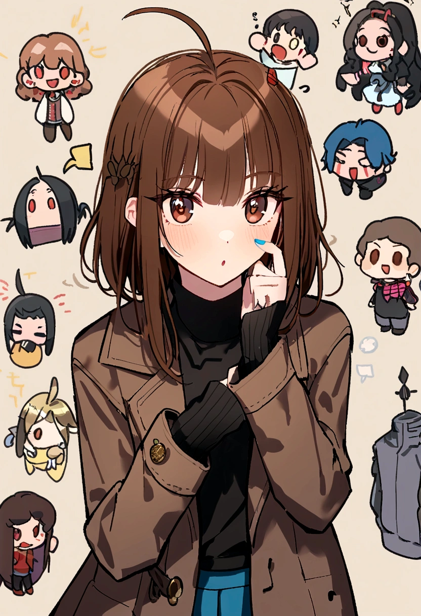 Rolua,, , 1girl, Ahoge, flequillo, falda negra, Black sweater, blue nails, Borrosa, fondo borroso, senos, brown eyes, brown hair, brown jacket, boca cerrada, fechado, tag, Profundidad de campo, Pendientes, lashes, Levantar la mano, head bowing, chaqueta, jewely, Cabello largo, mangas largas, Mirando al espectador, senos medianos, toenail polish, Ropa abierta, Chaqueta abierta, al aire libre, labios fruncidos, Camisa metida, bloqueos laterales, falda, sleeves past wrists, solamente, pullover, Parte superior del cuerpo, cremallera, , , ((Obra maestra)), ,