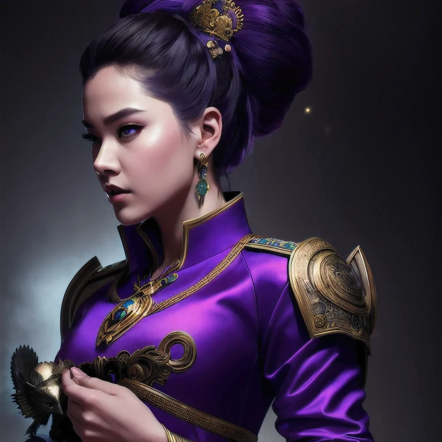 (((Disgusted look)))there is a 18 years old in a purple dress holding a dragon, wlop and ross tran, ross tran 8 k, fantasy art style, chengwei pan on artstation, a beautiful fantasy empress, ross tran and wlop, ruan jia and artgerm, the dragon girl portrait, ig model | artgerm, artgerm and ruan jia，beautiful 1girl bangs blue eyes closed mouth ear piercing earrings grey background hair ornament jewelry lips looking at viewer military military uniform nose piercing portrait realistic short hair simple background solo upper body