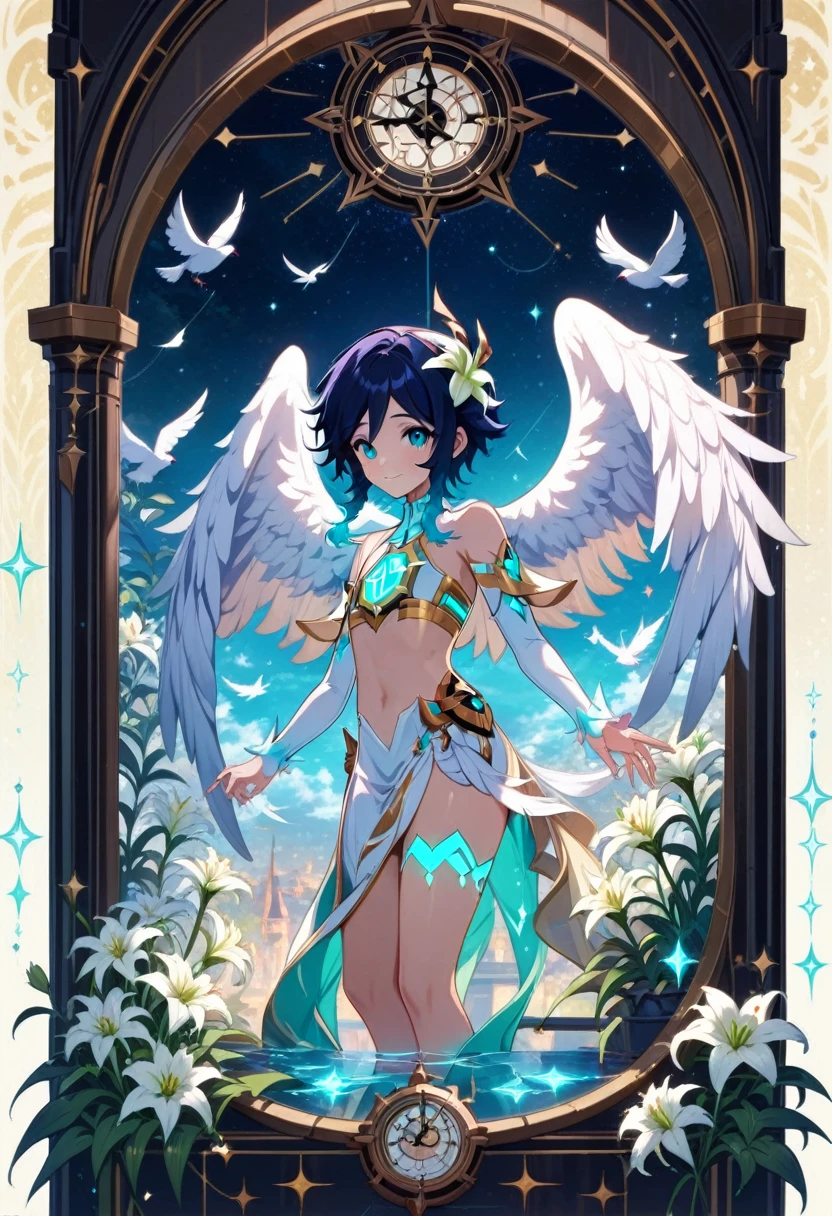 (masterpiece:1.2), best quality, expressive eyes, perfect face, 1boy, flat chest,venti_\(archon\)_\(genshin_impact\),bare stomach,white doves, genshin impact, white lilies, dandelions, beautiful lilies blooms and plants surrounding him, framed by the full moon clock and constellations in an stained glass art style, dazzling moonlit scene, tarot, archonventi, large angel wings, 