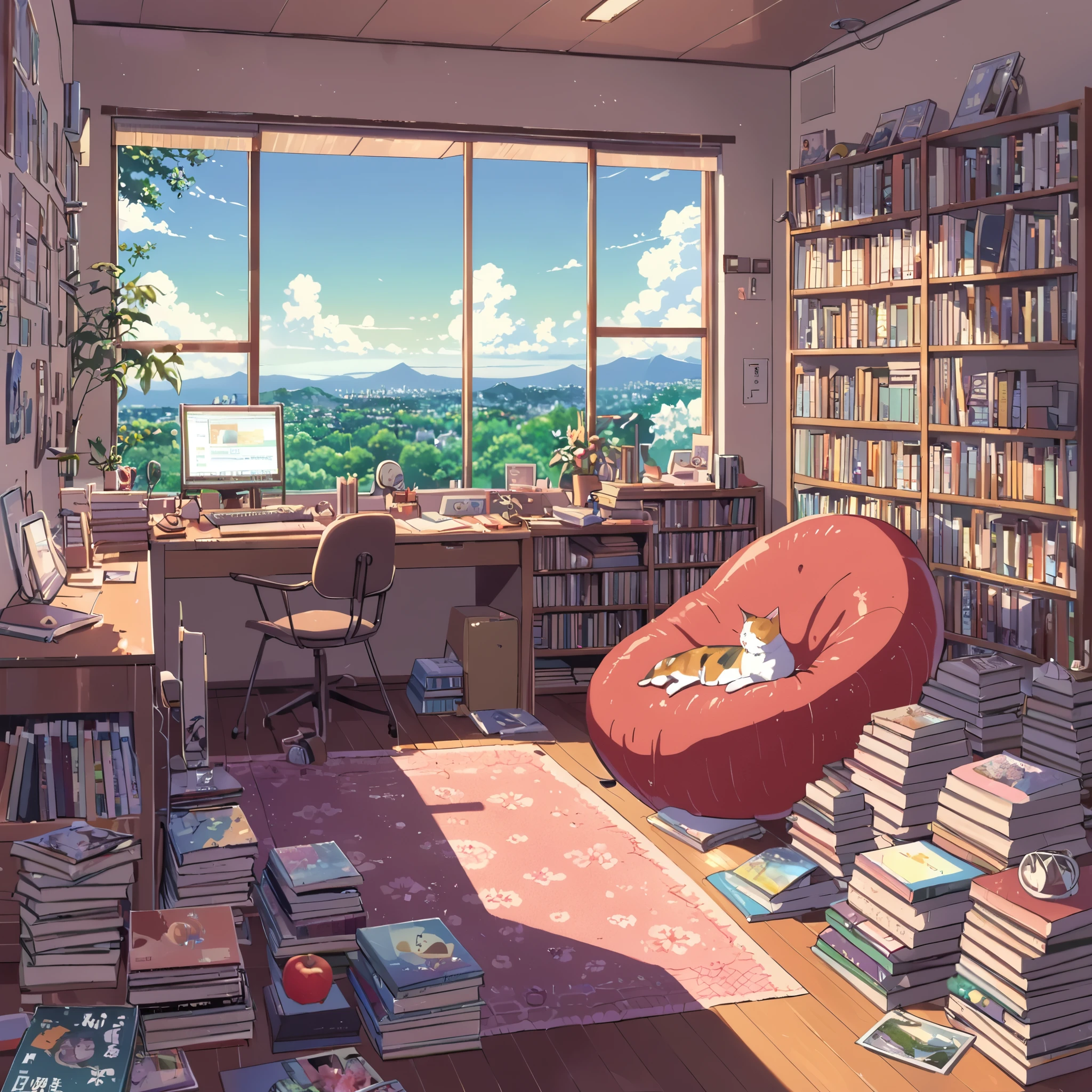 ((anime:1.4,illustration)),(masterpiece, top quality, best quality),(ultra-detailed, absolutely resolution),((16k, high res)). BREAK {lofi art, style of Laurie Greasley, style of Makoto Shinkai, anime aesthetic}, BREAK {Cross section of an apple、Room in the apple、Relaxing boy、Many books、Lots of CDs、Relaxing cat}