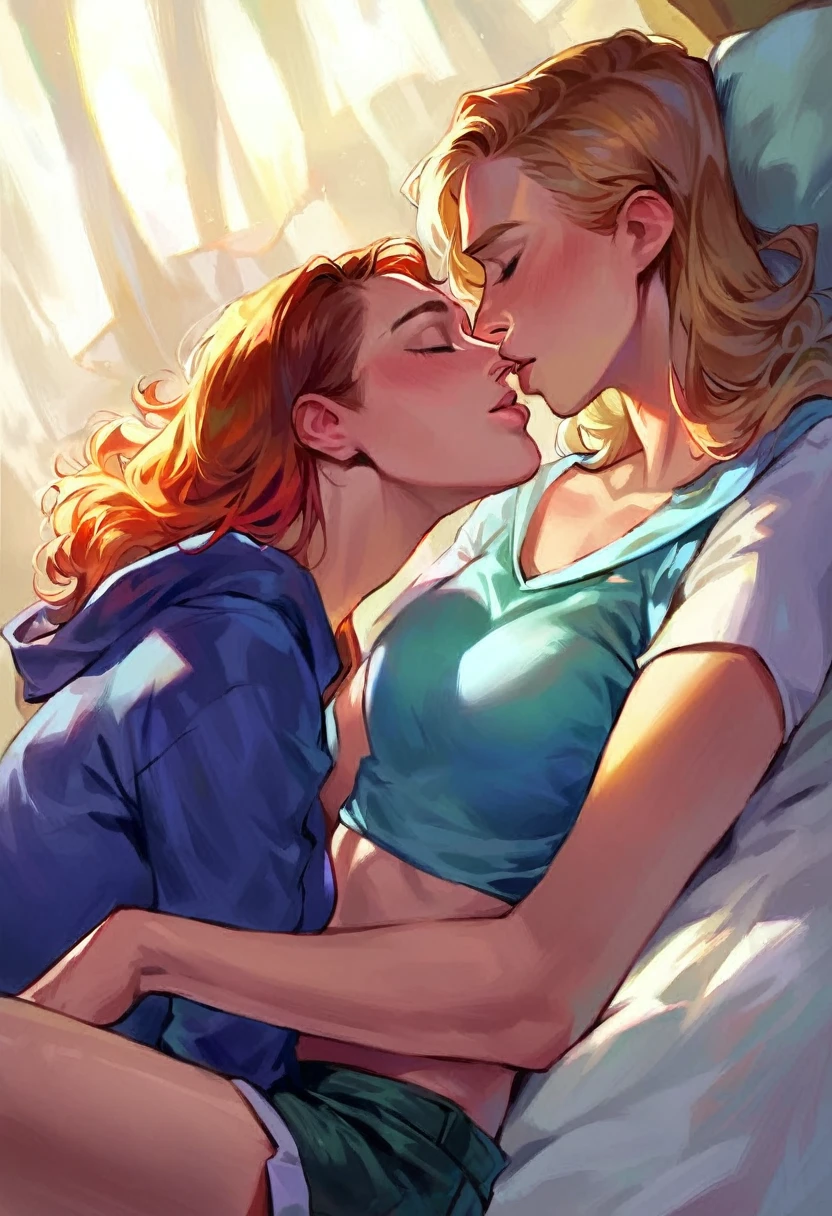 score_9, score_8_up, score_7_up, score_6_up, score_5_up, (high quality, detailed, beautiful), detailed soft lighting, rating_safe, source_cartoon, (anime manga girl style), 2girls, Barbara Gordon cuddling in bed with Gwen Stacy, kissing, passionate, wearing cute shorts and crop tops.