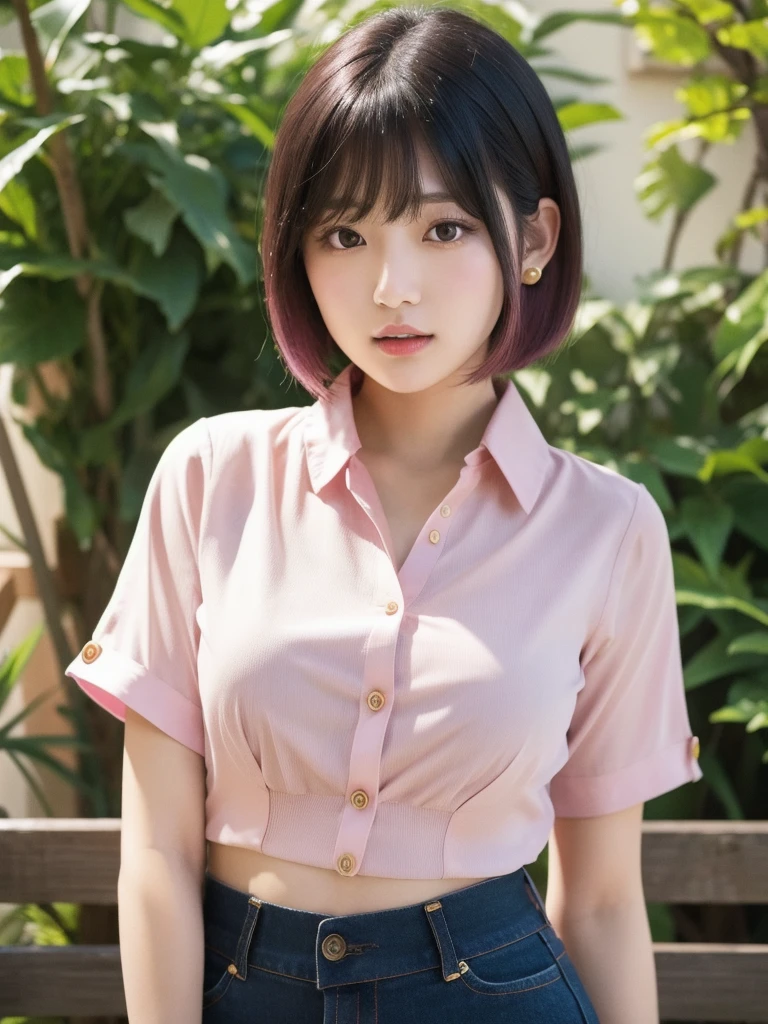 Sunburn marks on tanned skin、Multicolored hair color、Bangs on the face、Bangs between the eyes、A strong wind blows my hair in front of my face、Beautiful big sparkling eyes, Cute eyes hidden by long bangs、Yawn、No visible nasolabial folds、Short micro mini skirt、Multicolored patterned blouse、19 year old Korean beauty、Light blonde short hair ribbon