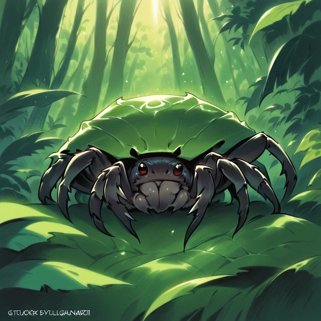 Tiny tarantula with oversized, sparkling eyes, exhibits joyful expression, located on vibrant green leaf amidst forest greenery, playful, charming demeanor, sunlight filtering softly through foliage casting delicate shadows, acrylic portrayal, evokes lightheartedness, whimsy, Makoto Shinkai, Jamie Wyeth, James Gilleard, Edward Hopper, and Greg Rutkowski Studio Ghibli elements