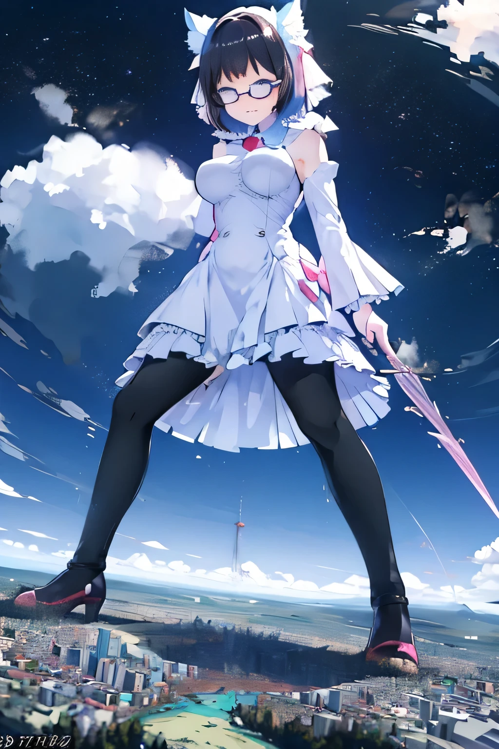 giantess art, highly detailed giantess shots, giantess, Two legs, Five fingers, short hair, A beautiful girl who is bigger than a skyscraper, Wearing rimless glasses, smile, huge breasts, blue and white dress, bow, magical girl, holding a magical wand, black pantyhose, blue stiletto heels, thunderbolt from a magical wand, Destroying cities, A very small big city, Miniature metropolis, Full body description, GTS, giga giantess, stomping city, crash city, tiny city, micro city, pantyhose feet, High resolution, highest quality, masterpiece, peeing self,