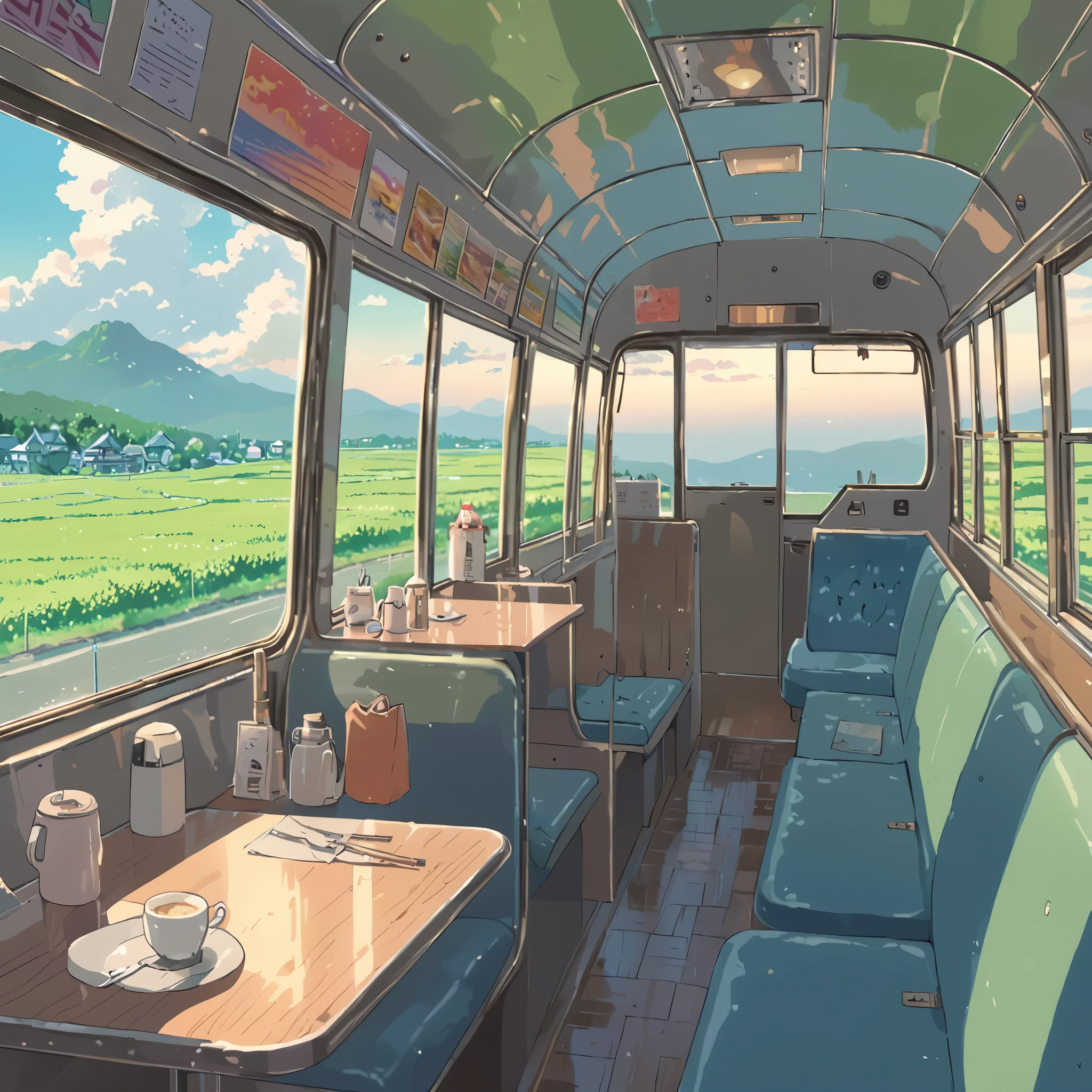 (((cafe in side of bus))), ((anime:1.4,illustration)),(masterpiece, top quality, best quality),(ultra-detailed, absolutely resolution),((16k, high res)). BREAK {lofi art, style of Laurie Greasley, style of Makoto Shinkai, anime aesthetic}