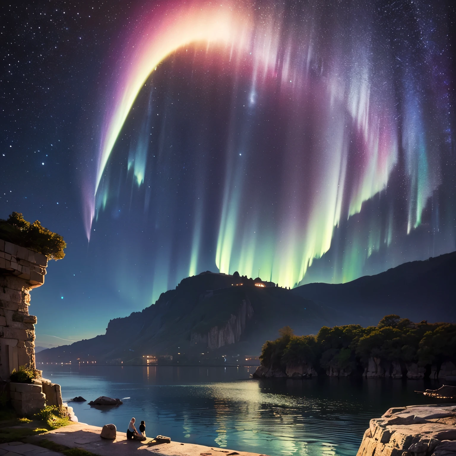 (8k, highest quality, masterpiece, final fantasy style: 1.2), (unRealistic, photoRealistic: 1.37), Dreamy landscape, Fantasy, Unsurreal landscapes, Super detailed, Flying Castle, Floating Island in the Sky, Seven-colored swirl of light, (流星のMr.に空を舞う光り輝く尾の長い小鳥:1.3), Aurora, Intense lightning, milky way, Complex Light, Mr.々Colored light, Large Lake, Starry sky reflected on the lake surface, Countless shining stars, Meteors, Many meteors, Aura of, (A pillar of light emanated from the ground:1,2), 複雑な文Mr.の魔法陣