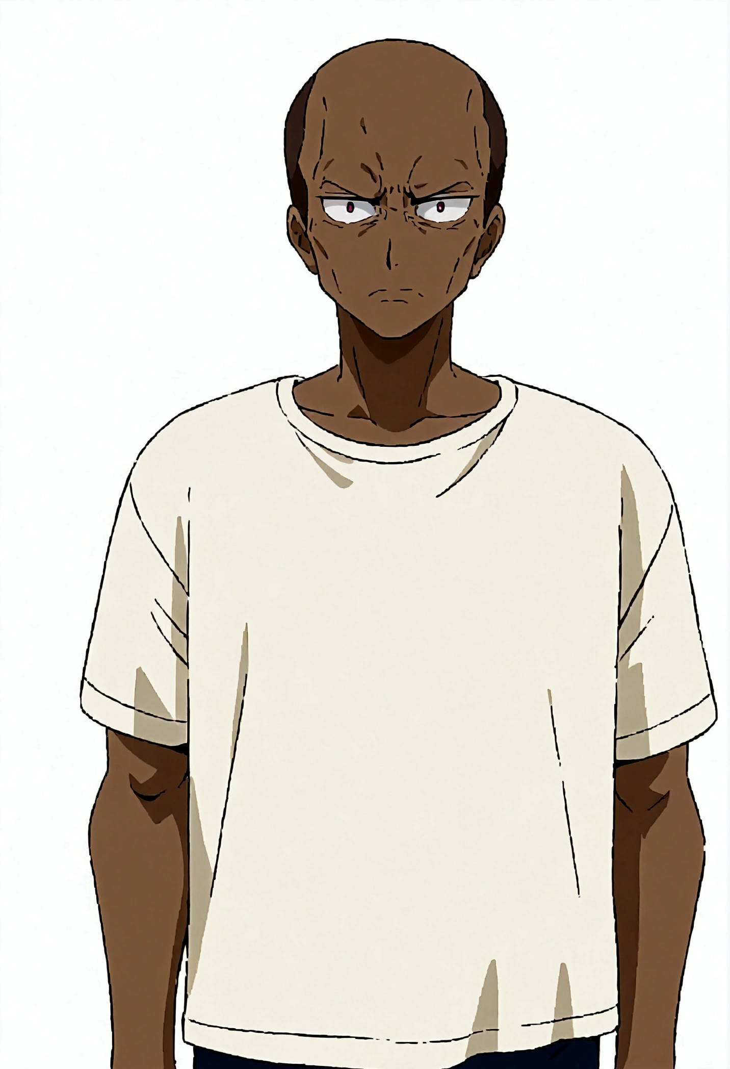 masterpiece, 1 young man, Stand up straight, Casual clothing, View Viewer, Detailed face,Brown Skin,Bust, Reduce wrinkles in clothes,Anime Style,whole body,Grim expression(Simple Background, White Background: 1.3)
