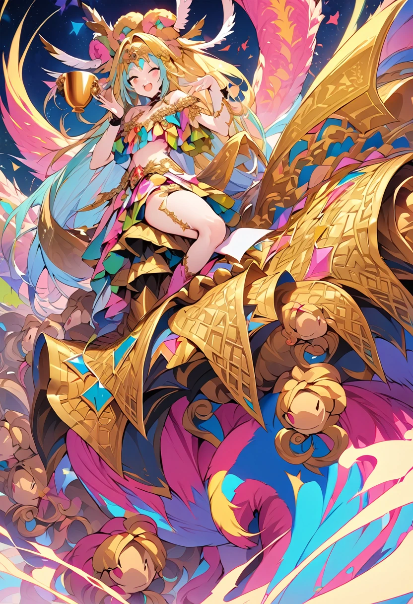 (best quality, masterpiece, ultra highres, ultra-detailed:1.2),anime-style illustration of the Whore of Babylon from the Book of Revelation. She has a friendly and cheerful expression, with bright, colorful clothing and a playful pose. ((Include her iconic attributes such as the golden cup and riding a seven-headed beast)), but render them in a whimsical and non-threatening way. The background should be vibrant and fantastical, matching the overall cute and lighthearted theme.
