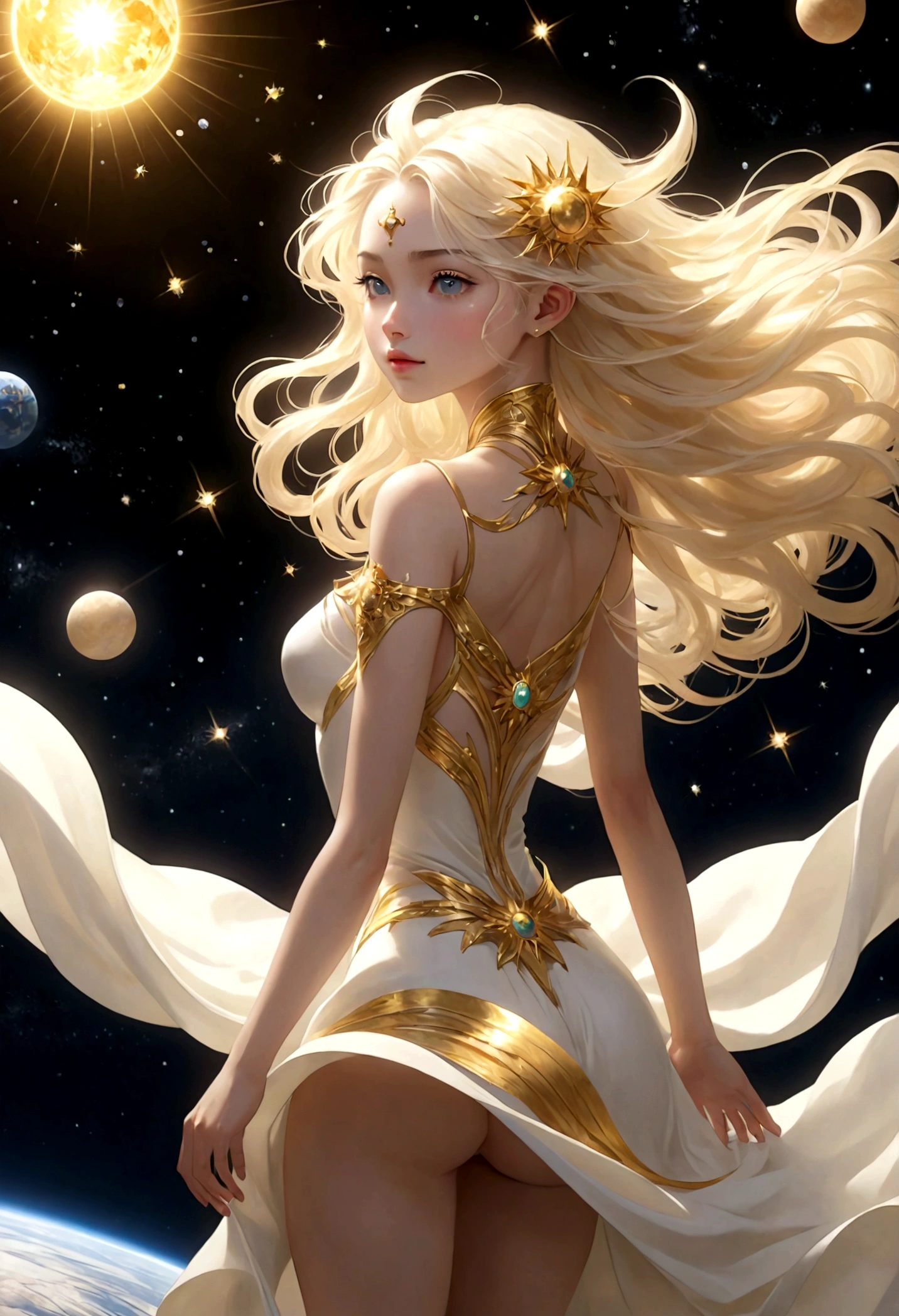 (masterpiece、highest quality、High resolution、8k)、Alone in space、Goddess of the Sun、Standing posture、whole body、Super beautiful、Perfect figure、White Dress、(Floating in the sky like a star、Floating、Floating)、金色のLightがwhole bodyを包んでいる、whole bodyがLightの中にある、Looking down on the earth、(目がくらむほどのLight、Light、Light)、宇宙はLightに満ちている、Dynamic Movement、The Universe is Infinite、