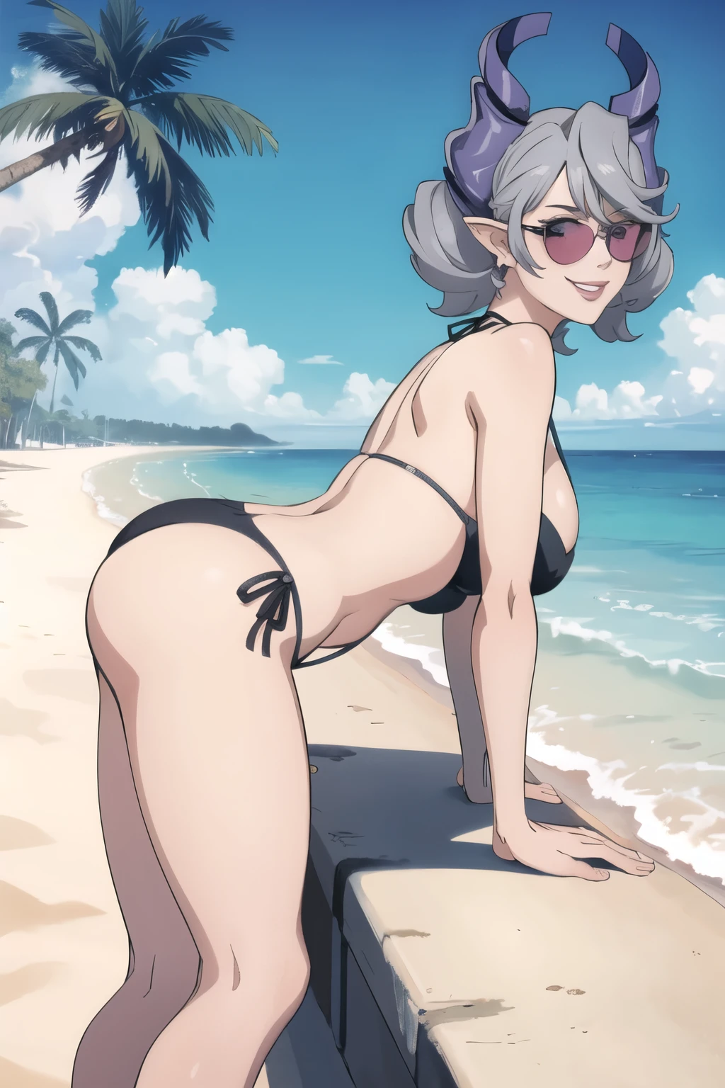 High level image quality best image quality 8K adult woman beach sunset palm trees whole body view portrait black bikini horn ears short hair((shortcut)(gray hair)(perm)(fluffy)) eye color is blue , pink sunglasses , attractive evil face , smile , sexy pose , labrynth , barearm , large ass , on the ground , Leaning forward , hand supporting , crossed leg style in detailed