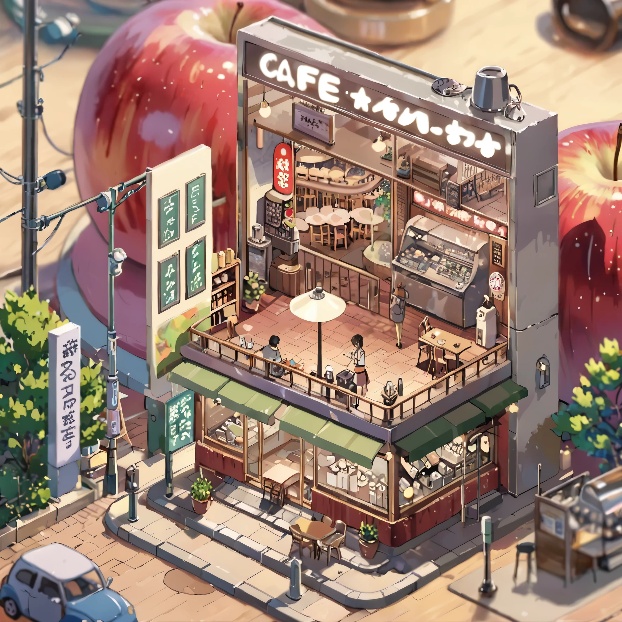 ((tilt-shift photography)), (((cafe in side of apple))), ((anime:1.4,illustration)),(masterpiece, top quality, best quality),(ultra-detailed, absolutely resolution),((16k, high res)). BREAK {lofi art, style of Laurie Greasley, style of Makoto Shinkai, anime aesthetic}