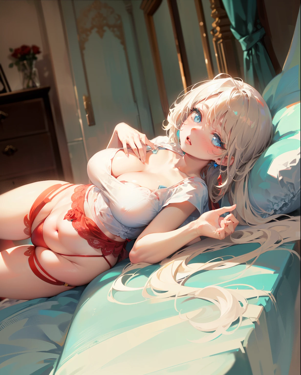 Dynamic posing, dynamic angle, Arrange pose,Top quality work,Show Legs,sexy, (( long black hair),((light blue eyes)), (sexy) , Rose cheeks, Pretty cute Face, A perfectly proportioned face,full-body view, amazing,large round chest、Beautiful eye details、Beautiful eyelashes、beautiful double eyelid, with blush cheeks, red panties, white short top