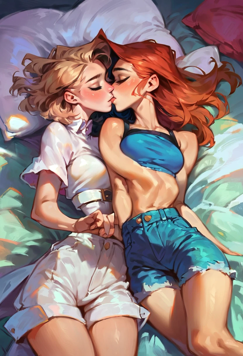 score_9, score_8_up, score_7_up, score_6_up, score_5_up, (high quality, detailed, beautiful), detailed soft lighting, rating_safe, source_cartoon, 2girls, Barbara Gordon cuddling in bed with Gwen Stacy, kissing, passionate, wearing cute shorts and crop tops.