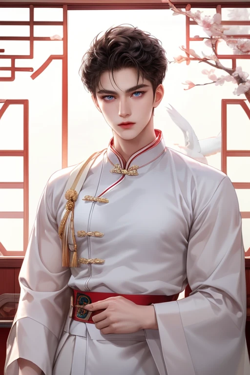 young boy,one person,man,gay,Chinese,handsome face,The body has some muscles.,Wear a pure white traditional Chinese dress.,Not wearing pants
