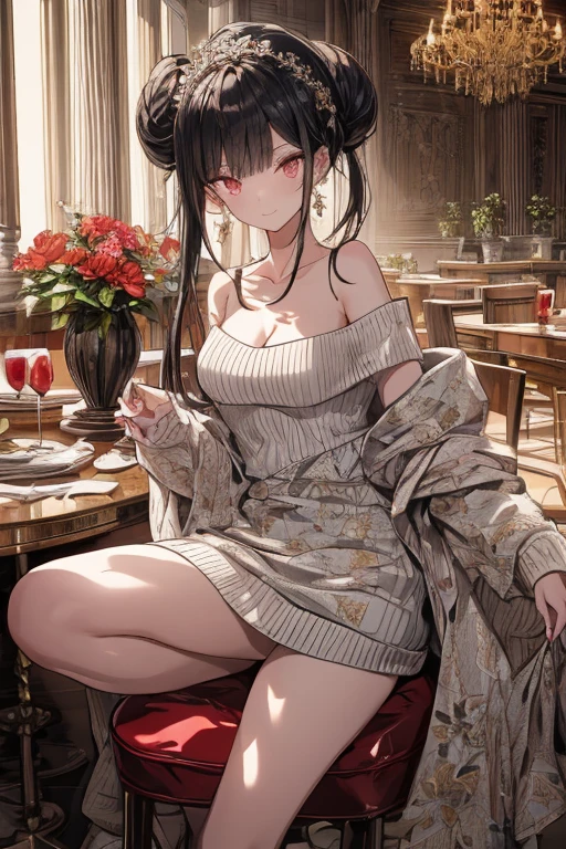 (((Masterpiece))),(((Super Detail))),(((in 8K))),(((best composition))),(((Rim lighting,Fireglow effect,deep shadow))),solo),Beautiful fingers,Detailed finger features,(Detailed hair features:1.7),(Dynamic and sexy bending pose:1.3),detailed facial features,detailed clothes features, (perky chest:1.1), (pointed chest:1.3), delicate beautiful face, Bright blue eyes, cute eyes, sparkling eyes, Big eyes, beautiful detailed eyes,double bun with glittering hair ornament:0.6,(super detailed glossy skin:1.3),slender body,goddess smile,((with sparkling eyes and a contagious smile)),beautiful posture,have a cup of coffee,black hair, red eyes, dress, bare shoulders, jewelry, collarbone, sidelocks, hairband, earrings, indoors, off shoulder, sweater, arms behind back, plant, short hair with long locks, white hairband, off-shoulder dress, sweater dress, off-shoulder sweater, red sweater, big side hair, very long side hair,(super delicate floral pattern:1.2),seductive cleavage:1.3,beautiful glossy legs,shiny red high heels,lifting dishes with cakesd,french restaurant,hustle and bustle,rising steam,(((depth of fields)))