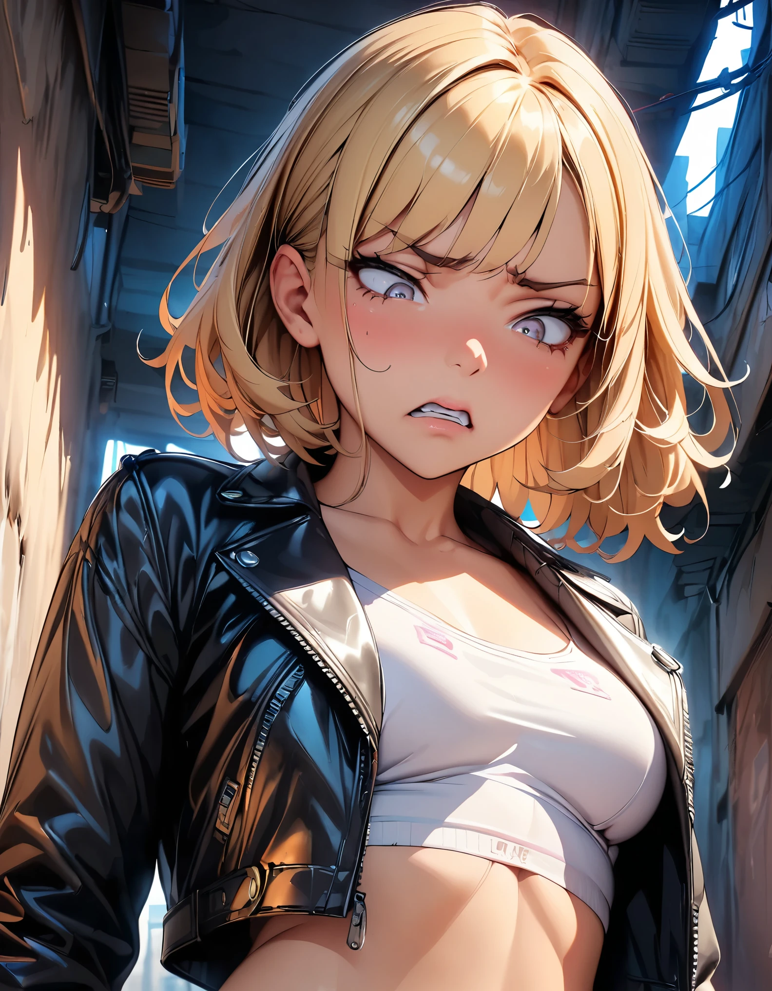 (highest quality:1.2, 4K, 8k, Very detailed, up to date, Vibrant, High detail, masterpiece:1.2, highest quality, Best aesthetics), (((1 girl))), jk, ((Blonde, Shortcuts)), Brown Eyes, Glossy lips, clavicle, Open your mouth, Beautiful Eyes, Long eyelashes, ((Disgust:1.5, Looking down, Three white eyes, Distorted facial expressions, Distorted mouth)), contempt:1.1, (leather jacket, Cropped tops), In the back alley, Dynamic Angle, Soft lighting,