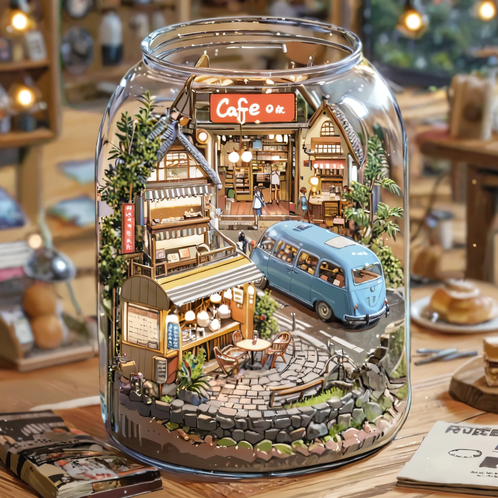 ((tilt-shift photography)), (((cafe in side of bus))), ((anime:1.4,illustration)),(masterpiece, top quality, best quality),(ultra-detailed, absolutely resolution),((16k, high res)). BREAK {lofi art, style of Laurie Greasley, style of Makoto Shinkai, anime aesthetic}