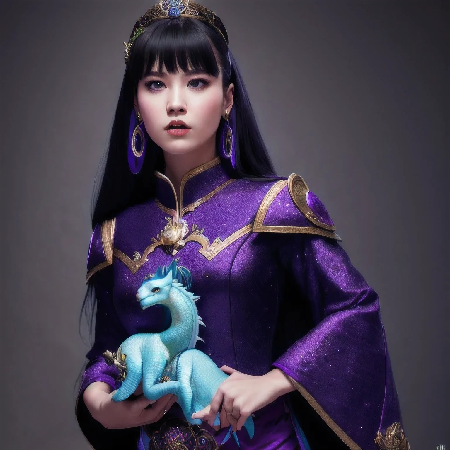 a 18 years old in a purple dress holding a dragon, wlop and ross tran, ross tran 8 k, fantasy art style, chengwei pan on artstation, a beautiful fantasy empress, ross tran and wlop, ruan jia and artgerm, the dragon girl portrait, ig model | artgerm, artgerm and ruan jia，beautiful 1girl bangs blue eyes closed mouth ear piercing earrings grey background hair ornament jewelry lips looking at viewer military military uniform nose piercing portrait realistic short hair simple background solo upper body