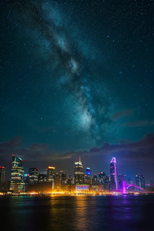 highest quality、Landscape painting、Neon lights in the city、Starry Sky、moon