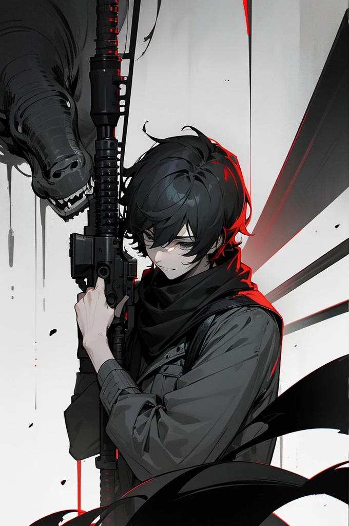 arm enterprise、Suppression Division、Combatant、Sniper、male、若いmale、Curly hair、Short Hair、cool、calm、Listless、Sigh、Nihilistic smile、sex appeal、room、adult、cool、sense of urgency、Creepy eyes、Slender、Large、Sniperライフル、Large ranged weapons、Modern weapons、darkness、dark、melancholy、fatigue、Covert behavior、battlefield、Black theme、grayscale、Red accent color、High Contrast