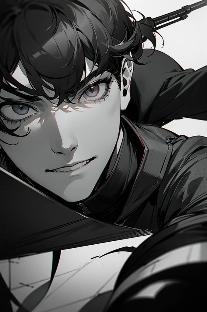 arm enterprise、Suppression Division、Combatant、Sniper、male、若いmale、Curly hair、Short Hair、cool、calm、Listless、Sigh、Nihilistic smile、sex appeal、room、adult、cool、sense of urgency、Creepy eyes、Slender、Large、Sniperライフル、Large ranged weapons、Modern weapons、darkness、dark、melancholy、fatigue、Covert behavior、battlefield、Black theme、grayscale、Red accent color、High Contrast