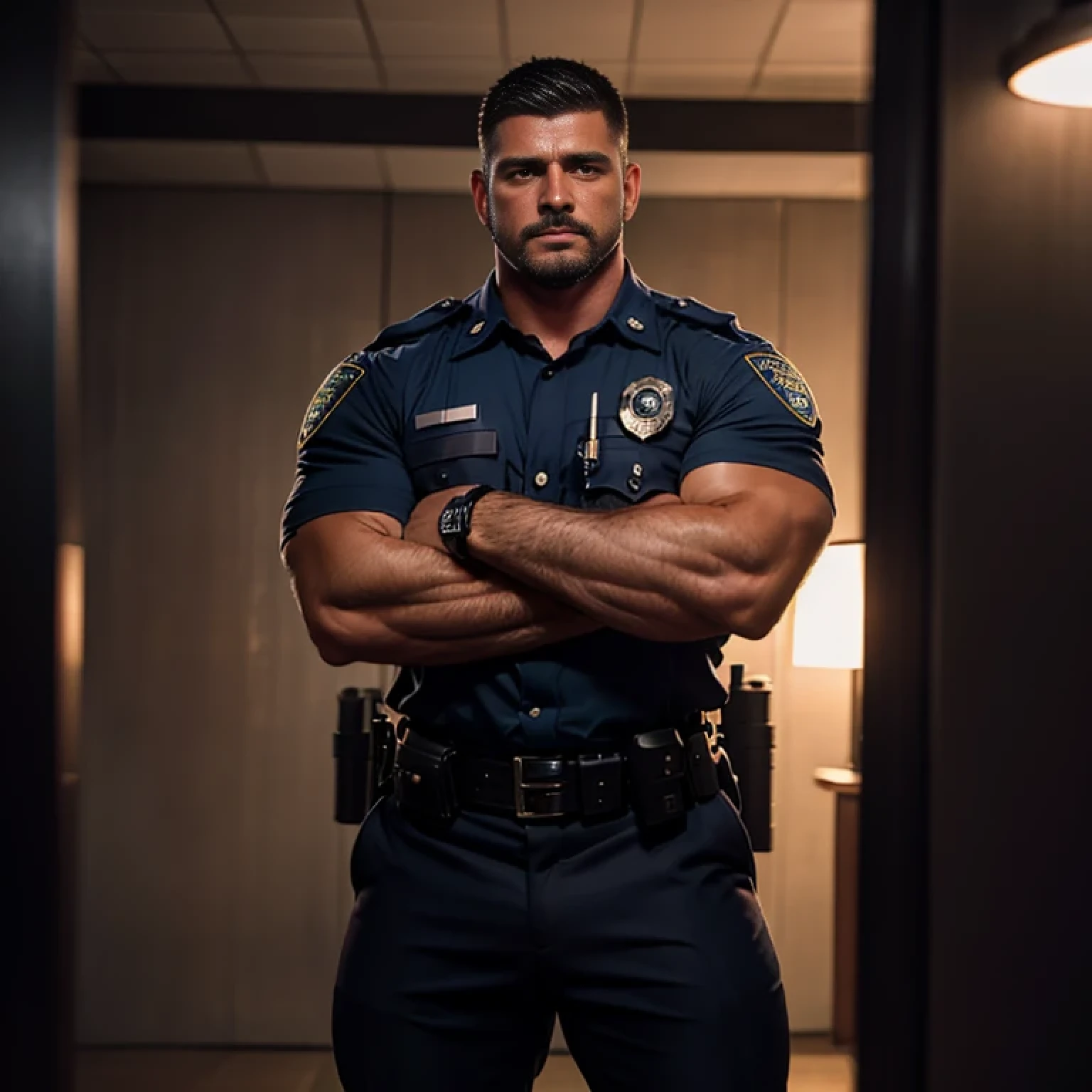 wild daddy  police officer,  muscled with huge arms ,  arm in arm, huge torso , wearing police uniform, in the interrogation room , macho, stubble, crew cut hair, full body shot, depth of field, cinematic lighting,  erotic photo RAW candid cinema, ultra realistic,textured skin ,realistic dull skin noise,