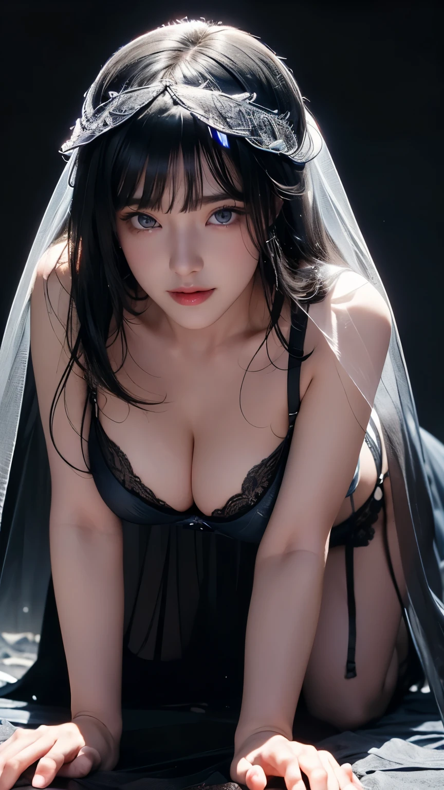 masterpiece, highest quality, Super detailed, Facing the camera, 複雑に詳細なSuper detailed, Realistic, Sharp features, Very detailed, Sharp focus, Perfect Face, Perfect symmetrical perfect eyes, Perfect Plump Lips, Flexible female form, Cinematic, Film Light, Super detailed, hyper Realistic, masterpiece, Atmospheric, High resolution, Vibrant, Dynamic Studio Lighting, ((Dark Background)), The expression when enduring pleasure, Straight bangs, blue eyes,Sexually aroused expression、(((She is wearing revealing black lingerie and a long transparent veil.))), (((Beautiful nipples))), (((On all fours)))