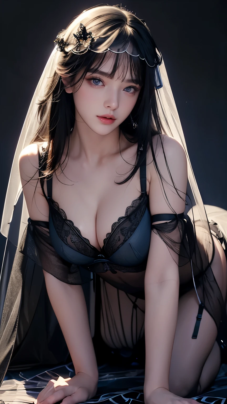 masterpiece, highest quality, Super detailed, Facing the camera, 複雑に詳細なSuper detailed, Realistic, Sharp features, Very detailed, Sharp focus, Perfect Face, Perfect symmetrical perfect eyes, Perfect Plump Lips, Flexible female form, Cinematic, Film Light, Super detailed, hyper Realistic, masterpiece, Atmospheric, High resolution, Vibrant, Dynamic Studio Lighting, ((Dark Background)), The expression when enduring pleasure, Straight bangs, blue eyes,Sexually aroused expression、(((She is wearing revealing black lingerie and a long transparent veil.))), (((Beautiful nipples))), (((On all fours)))