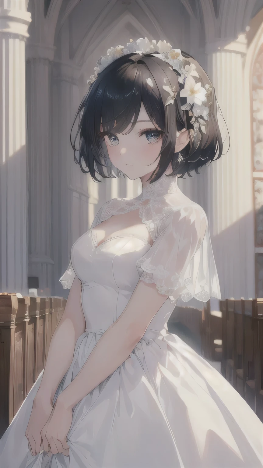((best quality)), ((masterpiece)), (detailed), perfect face, ((Best quality, 8k, Masterpiece: 1.3)), Sharp focus A beautiful woman, Highly detailed face and skin texture, Detailed eyes, Double eyelid, Black hair, short hair, flower hair accessory, white wedding dress, cowboy shot, church