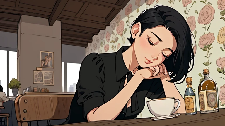 Beautiful woman in her 30s with short black hair is sitting on the cafe terrace. Looking down, eyes closed, LOFI girl, alone in the room, blouse, cozy wallpaper, relaxing mood, cozy, only five fingers, Paris cityscape,