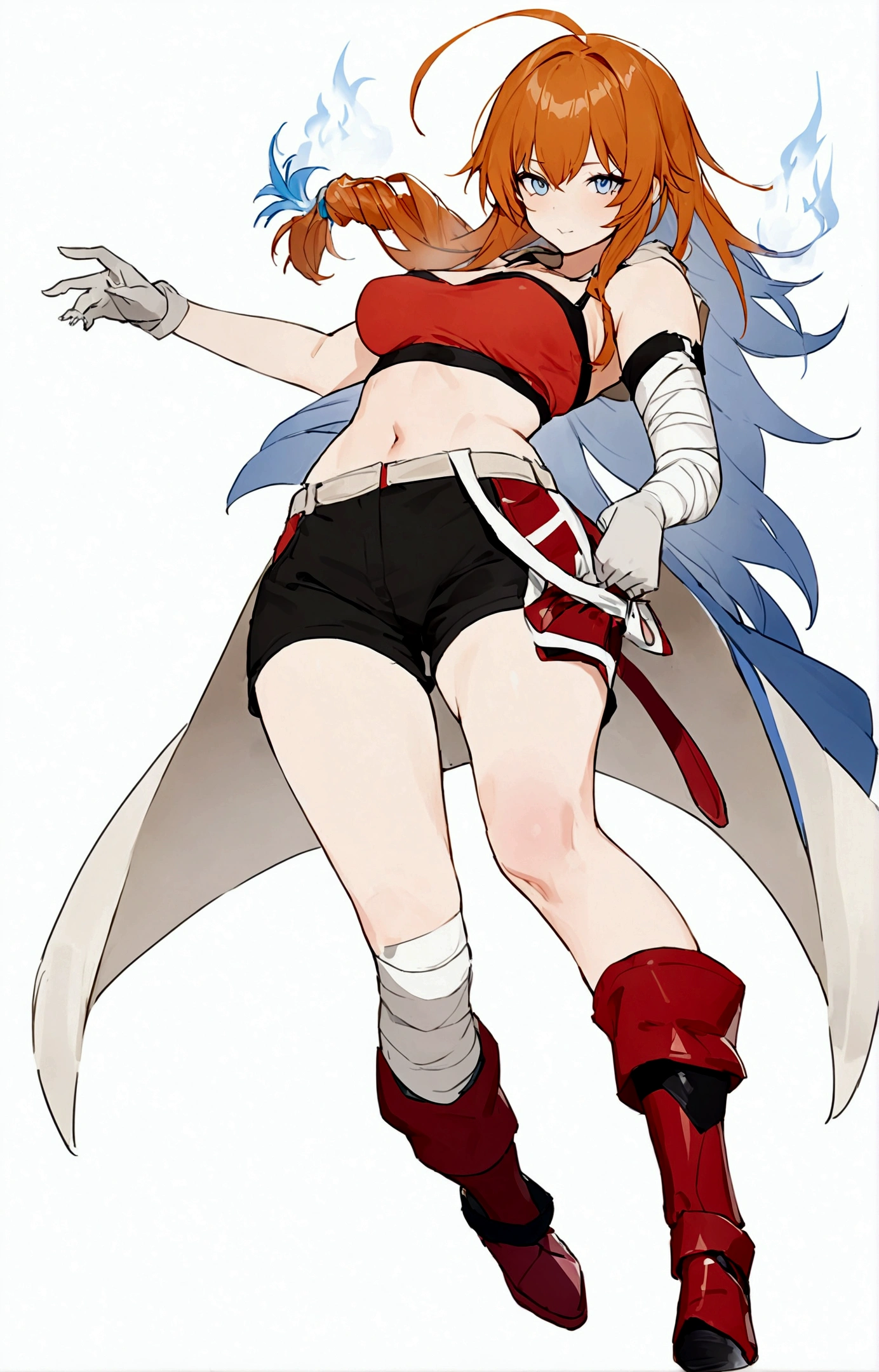 ((Best Quality, 8K, Masterpiece: 1.3)), 1girl, Beauty: 1.3, (Hairstyle wild Casual,) floating, meteors raining down, red crop top, black shorts, left leg is red mechanical, right arm is tied with bandages, right arm has a glove that goes till the bicep ,long hair, orange hair with blue tips, untied hair, orange hair color, Super Fine Face,