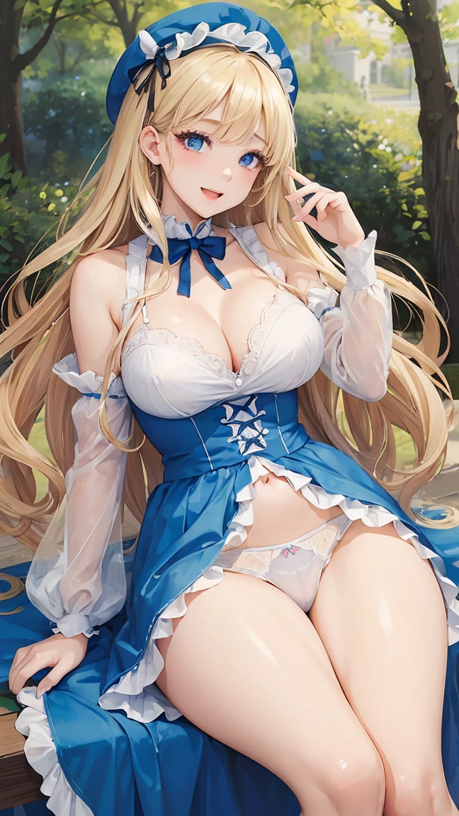 (((masterpiece))), (((highest quality))),(((In detail))), (((High resolution))), Curvy Body, Perfect Eyes, Perfect Face, Perfect lighting, 1 girl, Long Hair, Curly Hair, ((Quality clothing)), Detailed outdoor background, Compensate, (eye shadow), (thick and long eyelashes), Fantasy, Maid、whole body,Alice in Wonderland、blue sky、Bright and beautiful face、Young and shiny white glossy skin、(The ultimate beauty)、The most beautiful light blonde hair in the world、Thin Hair、Super long straight hair、Shiny beautiful bangs、Shining, clear, big blue eyes、Very beautiful and adorable 30 year old girls in the world、((Big, full and soft breasts))、Laugh shyly、(((Sexually excited expression)))、((She shows her tiny, sheer panties、Flip up the skirt、Is tempting you)), (Thick thighs),