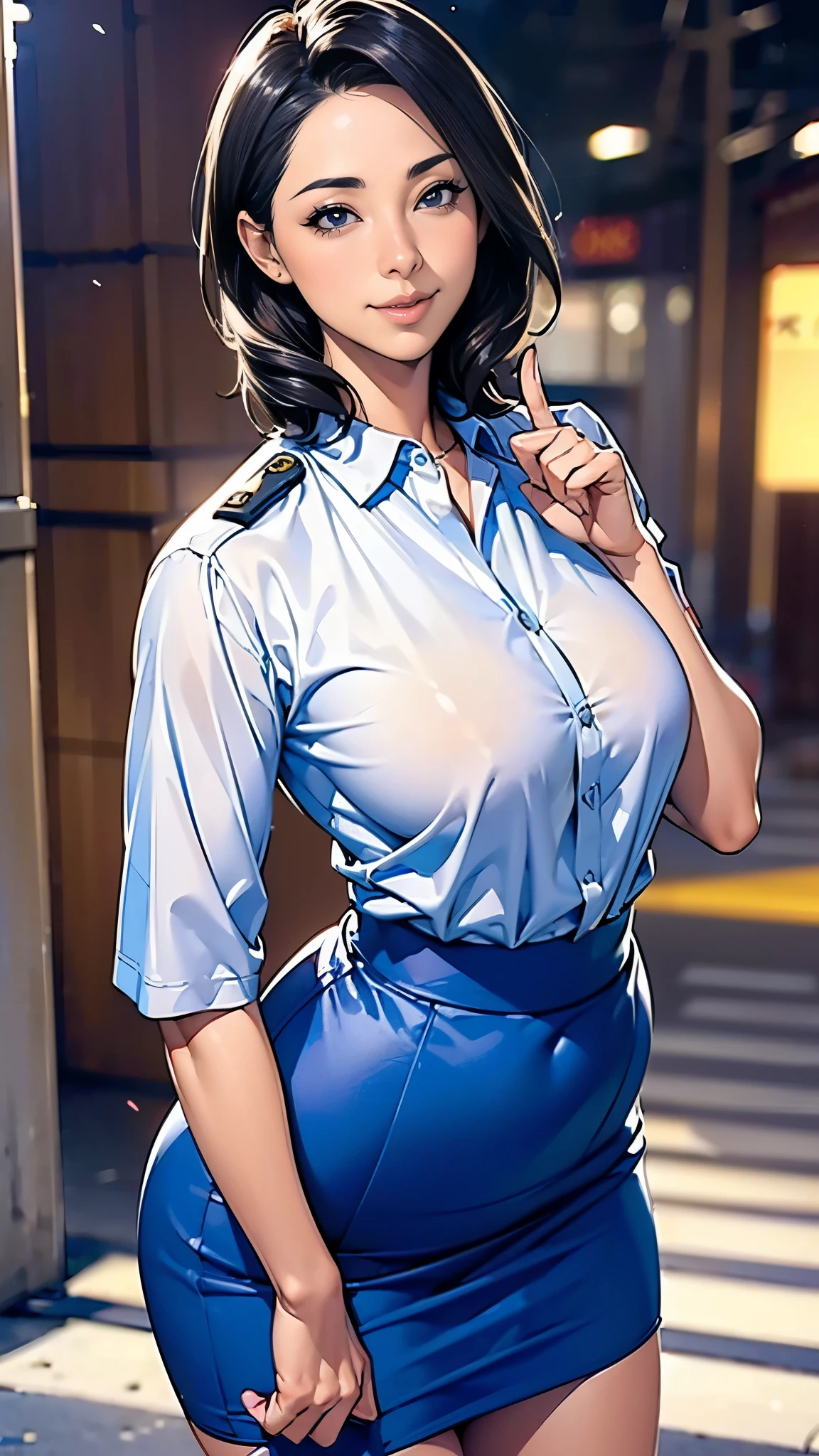 (masterpiece:1.2, highest quality), (Realistic, photoRealistic:1.4),Beautiful illustrations,(Natural Side Lighting, Cinema Lighting),1 female,Japanese,Mature Woman,Female police officer on patrol,48 years old,Perfect Face, Symmetrical face, Shiny skin,Random Hairstyles,Big eyes,Sexy Eyes,(smile),(whole body),break((Police Officer Shirt)),((A tight mini skirt made of very thin fabric)),(The background is a street corner:1.5),(((Background Blur:1.5))),((Police uniform)),BREAK(((front:1.5))),(((Finger gun with right hand)))