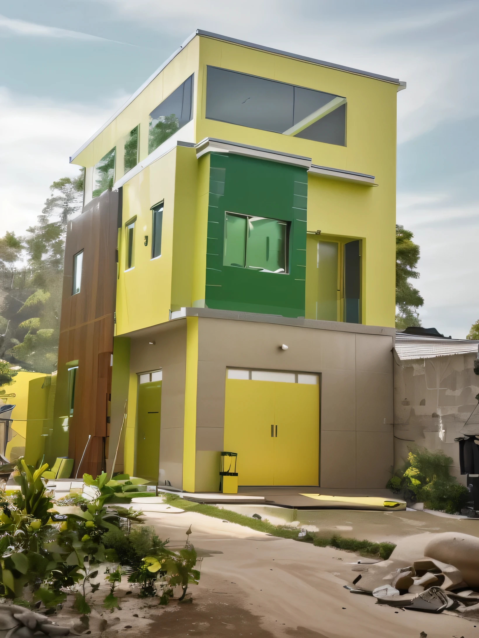 Modern style, walls painted yellow-green, first floor door made of wood.  2nd floor door with glass door