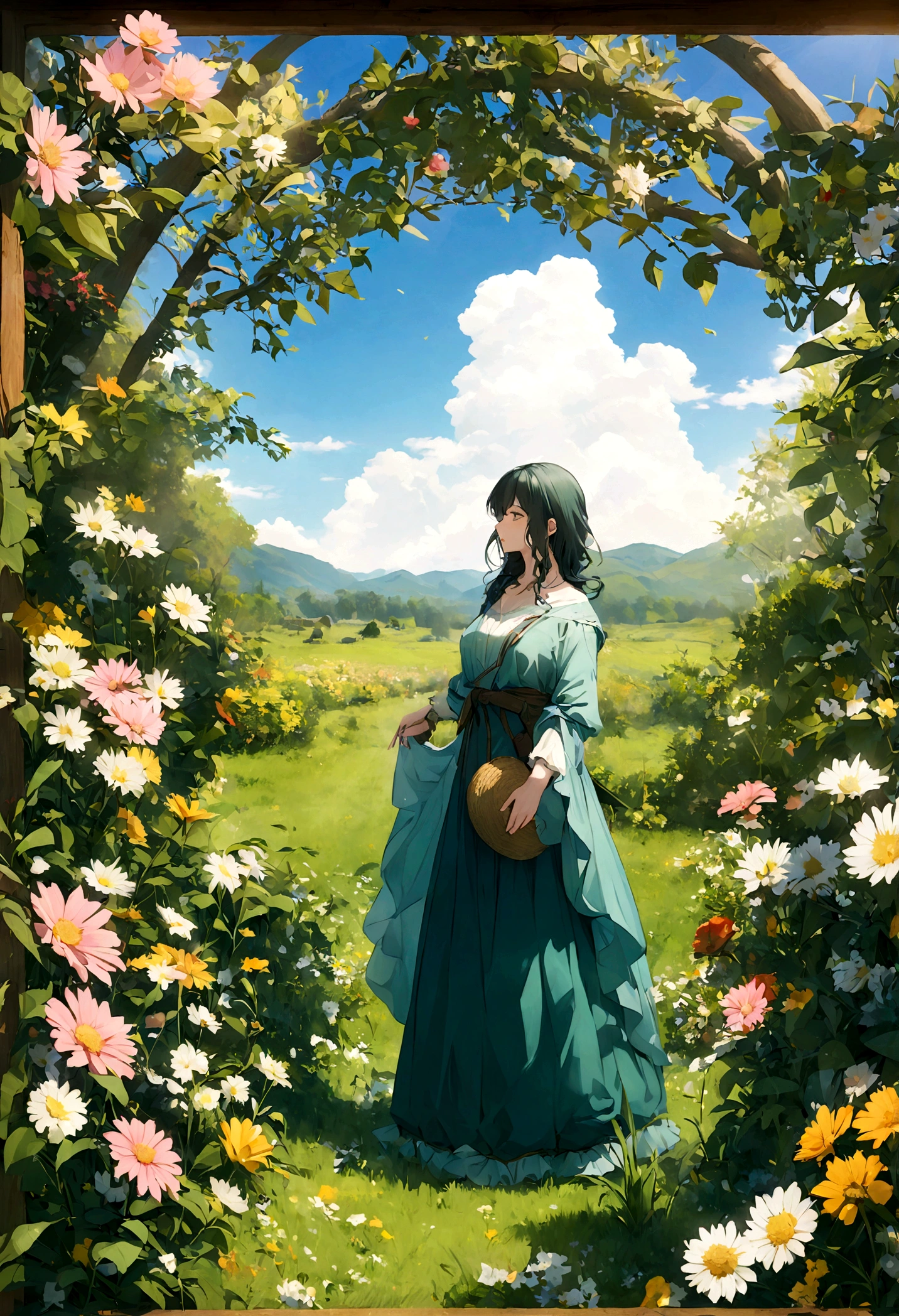 imagem de area aberta, Um Campo florido, Beautiful spring morning, blue sky with few clouds. sol nascente, muitas flores, flores em frente a imagem, panoramic image, campo gramado, gramas verdes, flores variados tipos, campo com gramas verdes, foto imagem, qualidade 4k