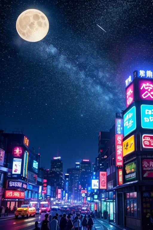 highest quality、Landscape painting、Neon lights in the city、Starry Sky、moon