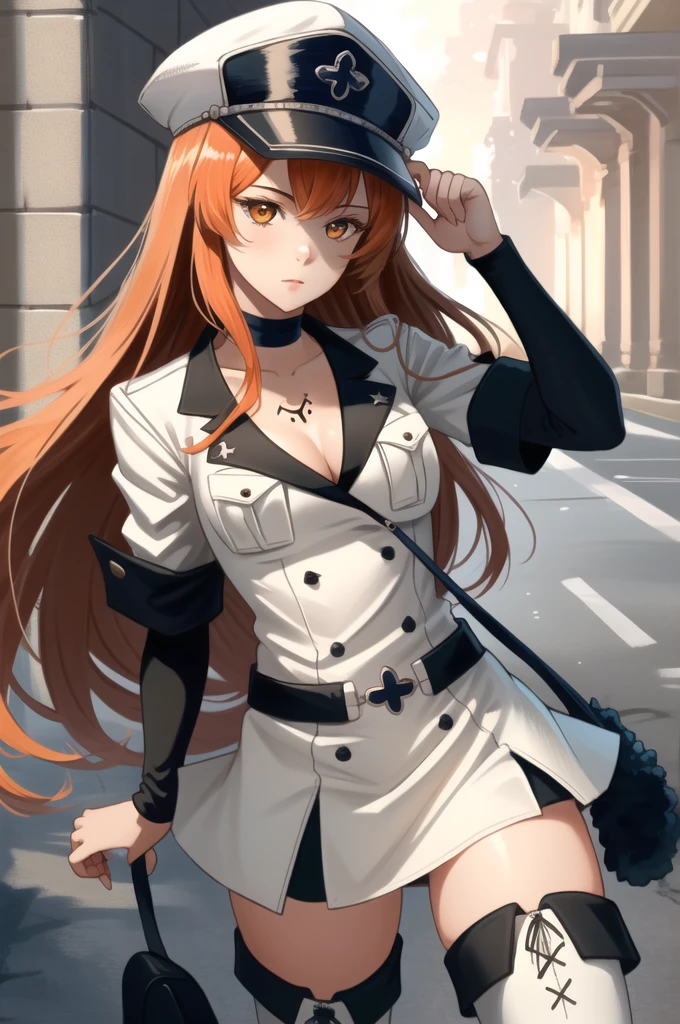 (masterpiece, best quality), intricate details,
1girl, leonie, orange hair, orange eyes, long hair, hat, peaked cap, military, uniform, military uniform, choker, thighhighs, boots, thigh boots, white footwear, chest tattoo,