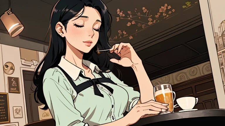 Beautiful woman in her 30s with black hair is sitting on the cafe terrace. Looking down, eyes closed, LOFI girl, alone in the room, blouse, cozy wallpaper, relaxing mood, cozy, only five fingers, Paris cityscape,