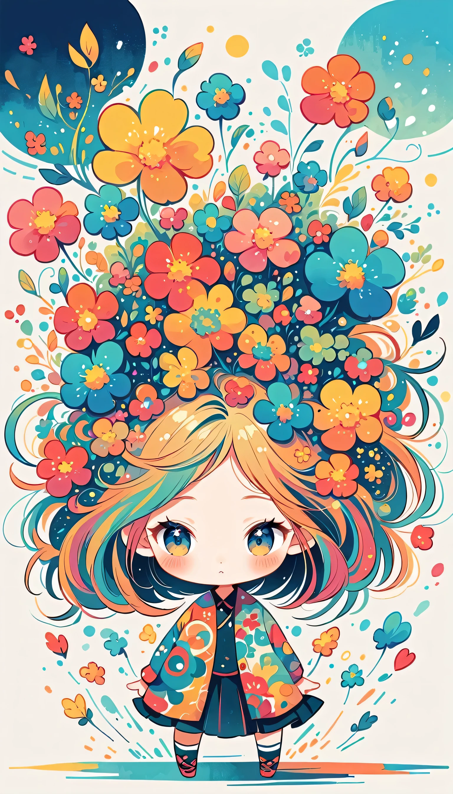 Watase Seizo style, Standing in front of a high wall,Simple Line Initialism,Abstract art,Urban Background, (((The most beautiful girl))), (((chibi))), colorful flowers