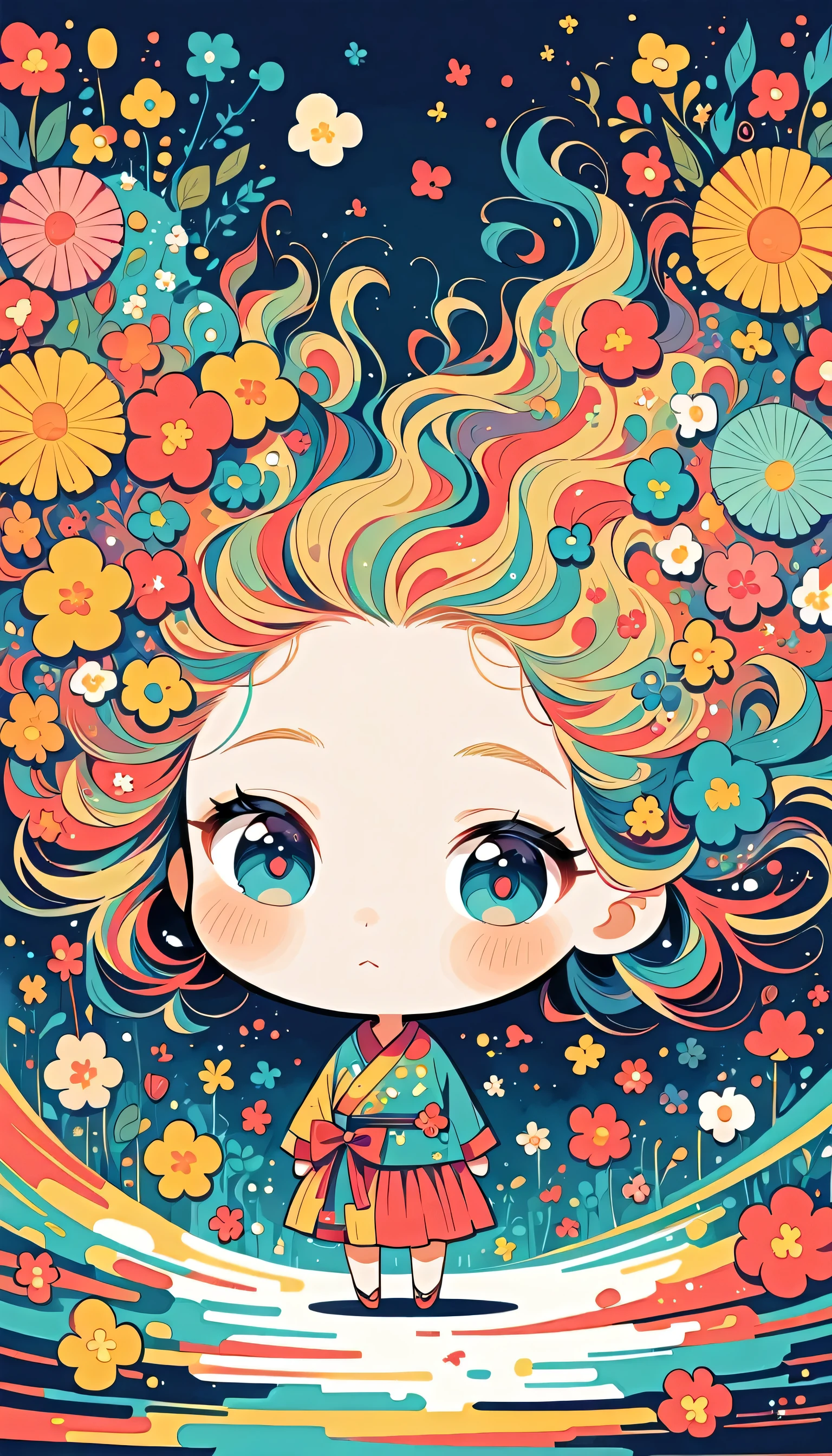Watase Seizo style, Standing in front of a high wall，Simple Line Initialism，Abstract art，Urban Background, (((The most beautiful girl))), (((chibi))), colorful flowers