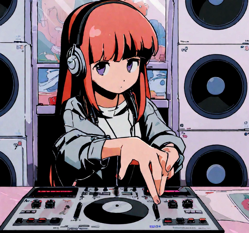 anime style picture of a dj mixing music in a recording studio, an album cover by Ei-Q, tumblr, graffiti, lofi girl, quiet, chillhop, lofi hip hop, lofi, quiet beauty, lofi artstyle, lofi girl aesthetic, lofi portrait, lofi feel, lofi art, sound, quiet disdain