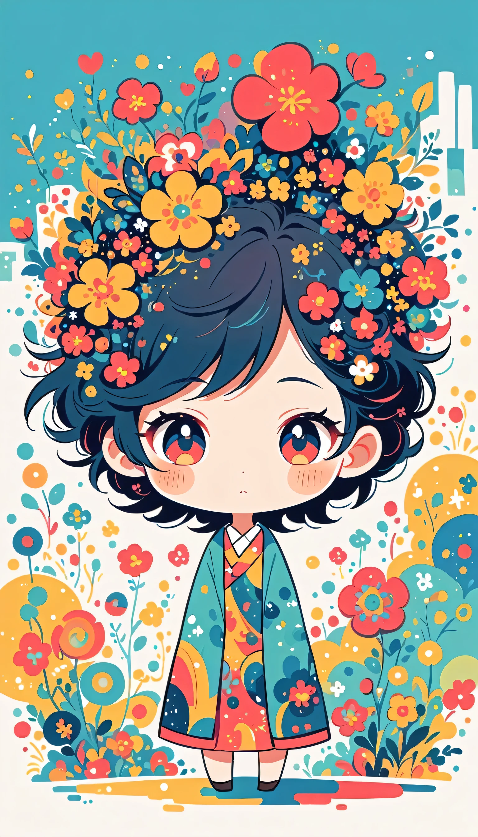 Watase Seizo style, Standing in front of a high wall,Simple Line Initialism,Abstract art,Urban Background, (((The most beautiful girl))), (((chibi))), colorful flowers