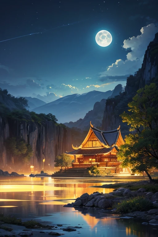 アジアの家のNight view, Vietnam, Vietnam, Hazan, moon, Lake in the foreground, quiet night, Green and Blue, Digital Illustration, Highly detailed digital art in 4K, Night view, anime art wallpaper 4k, anime art wallpaper 4k, 4K Detailed Digital Art, Natural scenery at night, Anime Art Wallpapers 8K, Background artwork, Beautiful Art UHD 4K, 4k HD illustration wallpaper