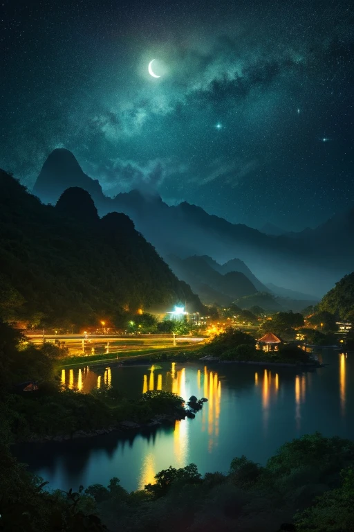 アジアの家のNight view, Vietnam, Vietnam, Hazan, moon, Lake in the foreground, quiet night, Green and Blue, Digital Illustration, Highly detailed digital art in 4K, Night view, anime art wallpaper 4k, anime art wallpaper 4k, 4K Detailed Digital Art, Natural scenery at night, Anime Art Wallpapers 8K, Background artwork, Beautiful Art UHD 4K, 4k HD illustration wallpaper