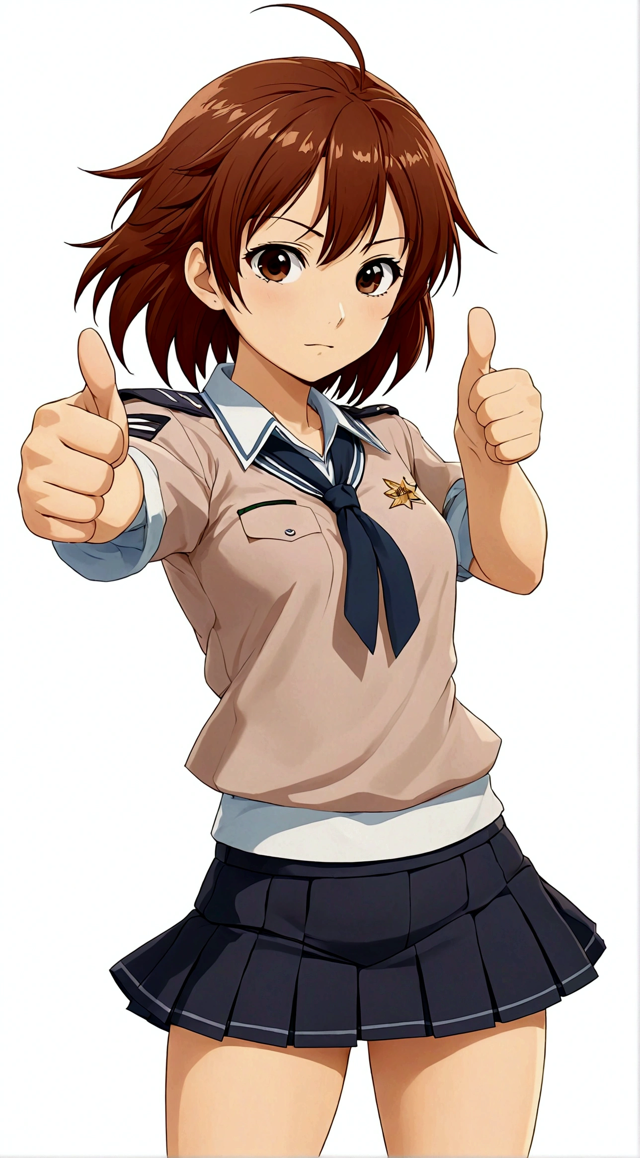 1girl,Brown eyes,Brown hair,One hand thumbs up,One hand on waist,Proud, Disgusted look, misaka mikoto,Uniforms,short hair,shorts,skirt下的shorts,Simple background,skirt,solo,White background