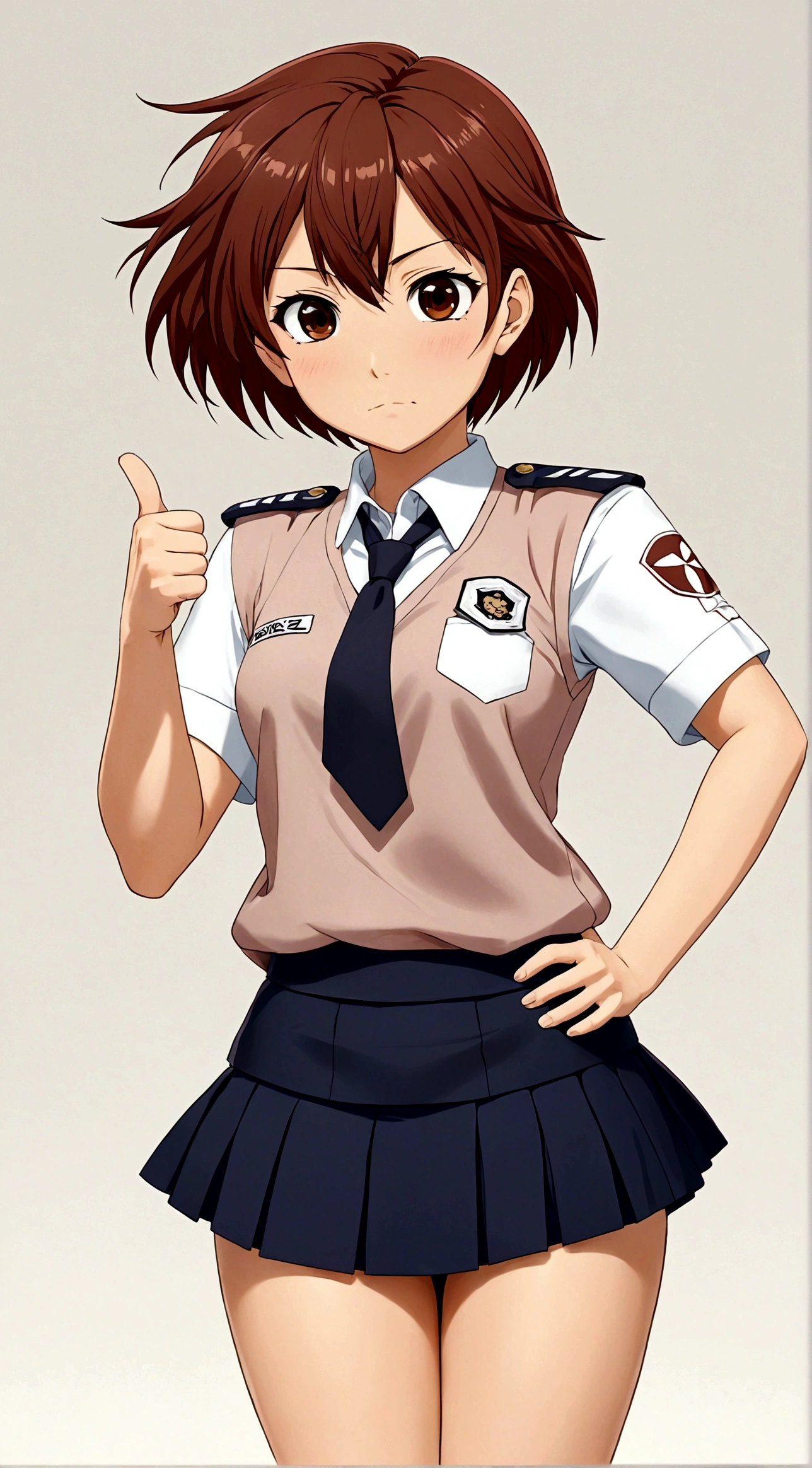 1girl,Brown eyes,Brown hair,One hand thumbs up,One hand on waist,Proud, Disgusted look, misaka mikoto,Uniforms,short hair,shorts,skirt下的shorts,Simple background,skirt,solo