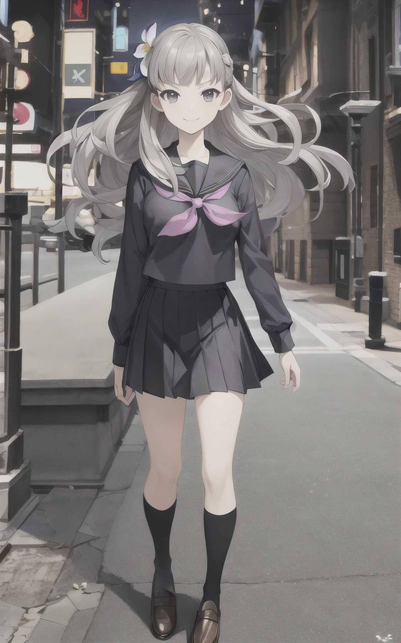 masterpiece, best quality,fuyusaka iori 1, 1girl, solo, hair flower, , hair ornament, flower, skirt, long hair, socks, serafuku, shoes, kneehighs, full body, loafers, pleated skirt, socks, black skirt, grey hair, white flower, standing, grey eyes, outline, long sleeves, looking at viewer, highly detailed city background, middle breast, smile, shameful face, turn red face, slander, straight on,