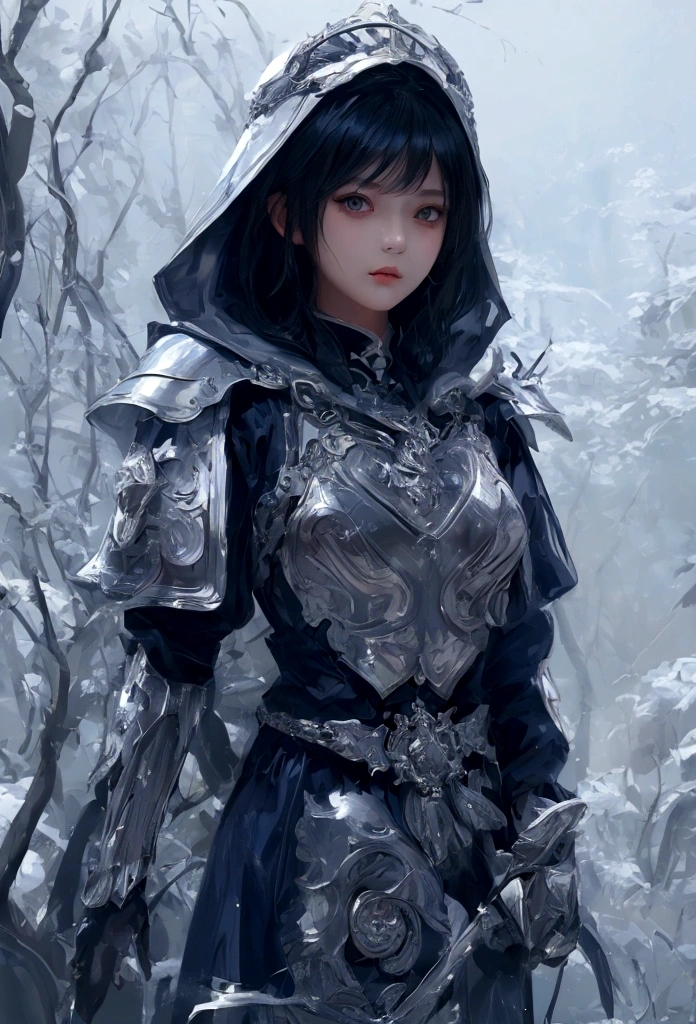 There is a corner on the left side under the bangs, A -yeld gi whole body, Navy blue hood, Wearing a cowboy medieval hood and silver light armor, serious face, Short Bangs Bob Hairstyle, Emerald eyes, Black Hair, Left single speaker, Dark theme, Soothing Tones, Soft colors, High contrast, Look away (Natural skin texture, Surrealism, Soft Light, sharp) Armory Background,